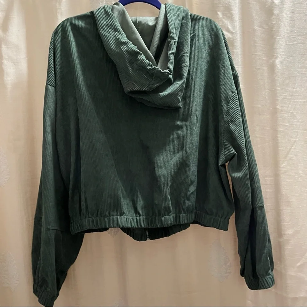 Olive Green Corduroy Cropped Hooded Zip Jacket NWOT_2